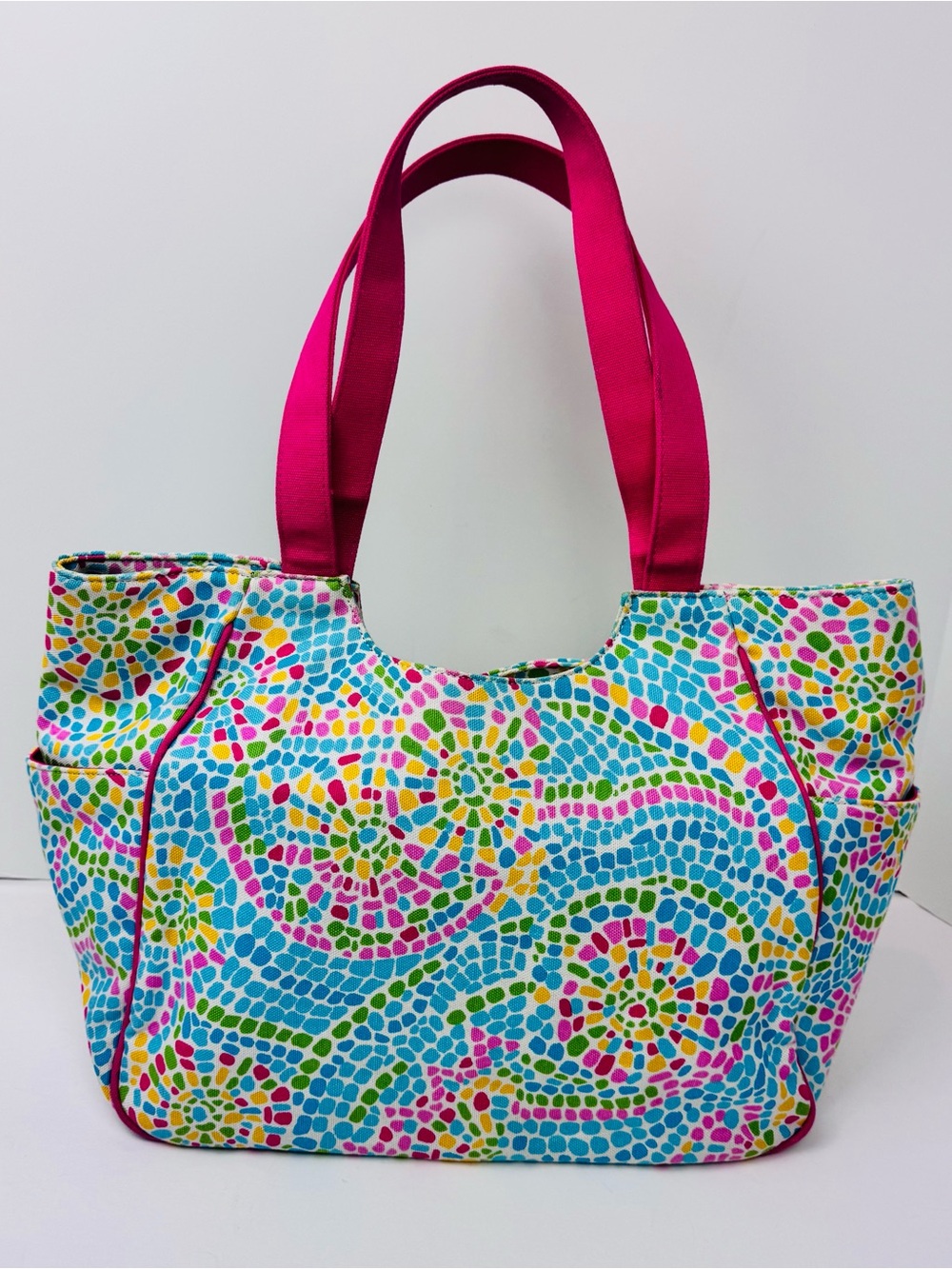 Talbots Multi-Color Mosaic Dot Rainbow Tote Bag. Sturdy cotton canvas.
